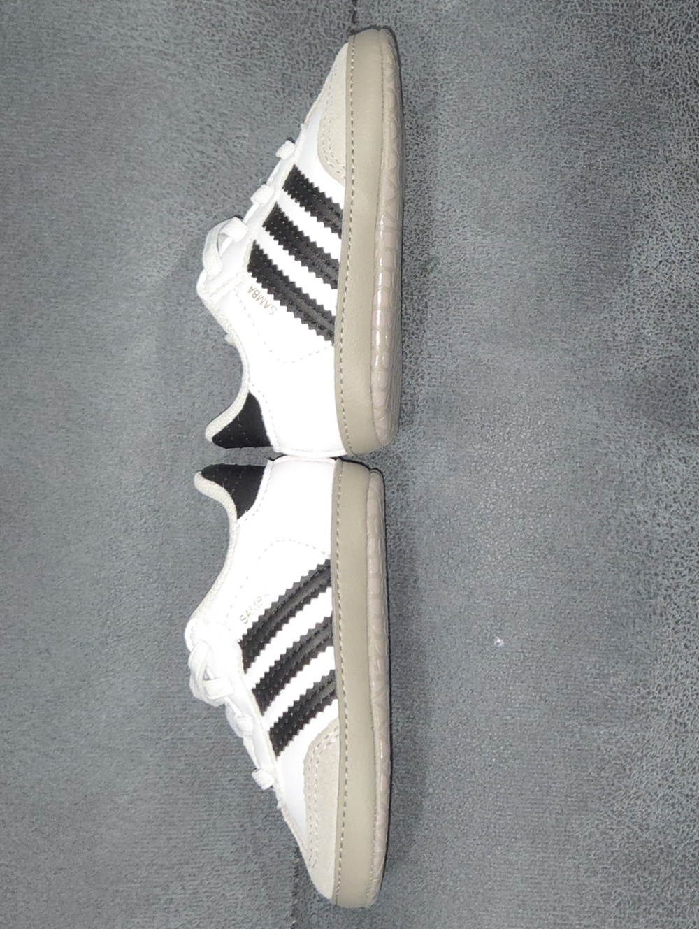 BABY ADIDAS Baby White Sneakers with Black Stripes and Blue Tongue Logo - Picture 2 of 4
